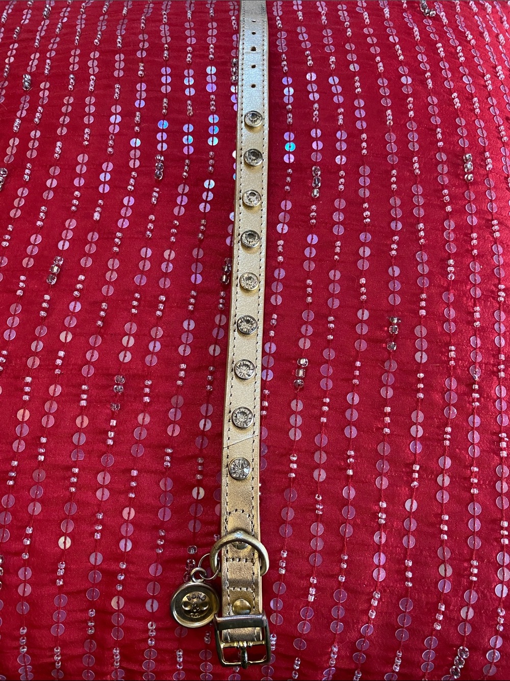 Bond&Co Gold Metallic Leather Crystal Encrusted Pet Collar Used Good Condition